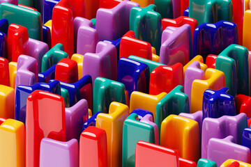 Obraz premium 3D illustration volumetric colorful cubes. Parallelogram pattern. Technology geometry neon background