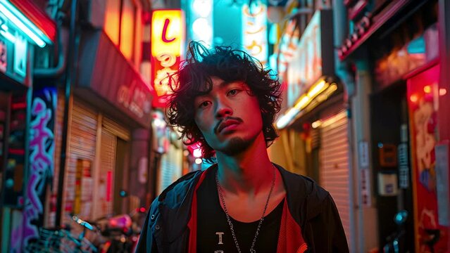 Scruffy Gen-z Japanese man standing in a crowded Tokyo alley at night amongst glowing colorful signs