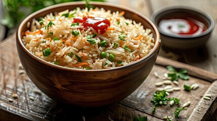 A delicious and tasty photograph of egg fried rice with ketchup, styled in a fresh and bright way, with fresh colors and a focus on the minimal beauty of the dish. Beatrice Peltre style