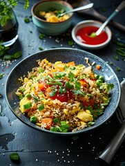 A delicious and tasty photograph of egg fried rice with ketchup, styled in a fresh and bright way, with fresh colors and a focus on the minimal beauty of the dish. Beatrice Peltre style