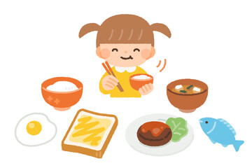 ご飯を食べる子供と食事のイラスト素材