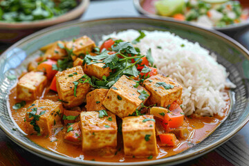 Plating design of savory tofu curry in a bowl