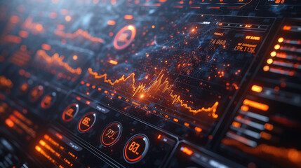 Obraz premium A futuristic dashboard displays a variety of economic indicators tracking the fluctuations and trends of GDP inflation and unemployment rates. Various graphs and charts show