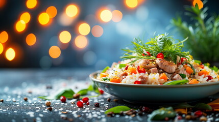 Healthy rice dish with vegetables and chicken garnished with herbs on a dark background.