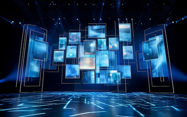 Led panels stage with blue holographic displays, sleek metallic structures define the modern aesthetic