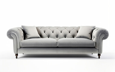 Grey sofa with pillows isolated on white. Grey velvet sofa on wooden legs on white background