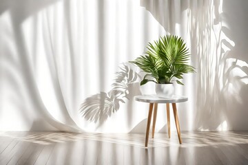 White wooden round side table with tropical plant, blowing white curtain in beautiful sunlight, leaf shadow on white wall