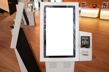 Blank white mockup background texture template of a kiosk machine with a touch screen and an...