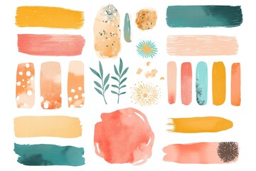 Assorted pastel brush strokes and shapes set, perfect for creative scrapbooking, journaling, and decorative planner stickers - obrazy, fototapety, plakaty