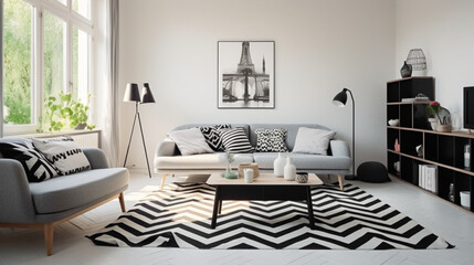 A Scandinavian living room with a mix of geometric patterns, featuring a patterned rug, textured wallpaper, and geometric-shaped furniture for a modern and dynamic look.