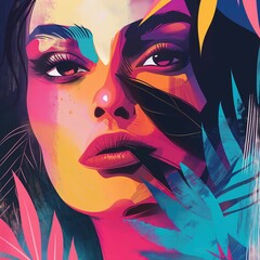 Bold and colorful illustration of a woman's face, portrayed in a modern, abstract style with vibrant hues and graphic design elements, ideal for contemporary art and fashion-themed projects