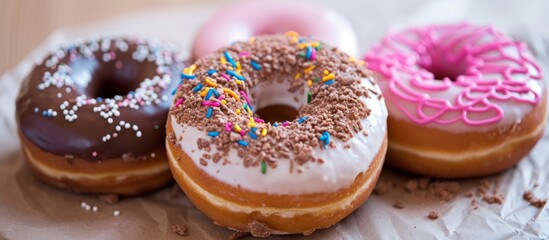 Three ciambellas with various flavors and sprinkles are displayed on a table as a delicious dessert option in the baked goods cuisine