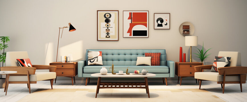 A Scandinavian living room with a mid-century modern twist, featuring iconic furniture pieces, clean lines, and bold patterns.