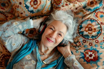 Senior woman wearing headphones and listening to music on bed - AI Generated