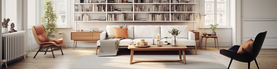Fototapeta na wymiar A Scandinavian living room with a mix of traditional and contemporary elements, featuring a blend of light and dark woods, and subtle pops of color.
