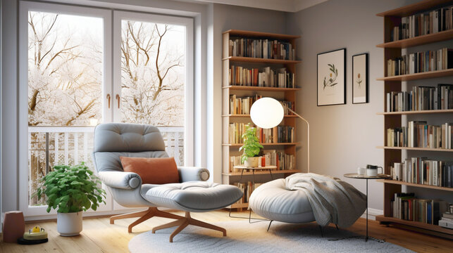A Scandinavian living room with a cozy reading nook by the window, furnished with a comfortable armchair, a floor lamp, and a bookshelf filled with favorite reads.