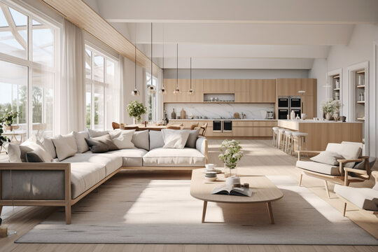 A Scandinavian living room with an open floor plan, seamlessly connecting the living area with the dining space and kitchen, promoting a sense of togetherness and social interaction.