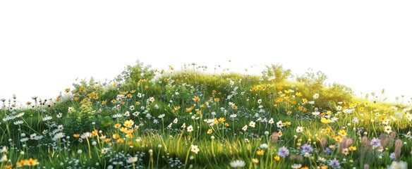 Small hill covered with wild flowers isolated on a transparent background. PNG element for landscape design background. - Powered by Adobe
