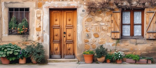 A homely stone building with an exquisite wooden door and window, adorned with potted plants, set against a charming background.