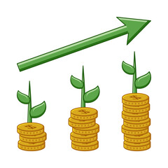 Fototapeta na wymiar financial growth illustration with dollar coin symbols, plants and arrows. symbolizes successful investment with environmentally friendly projects. business theme design vector for, banner, poster, we