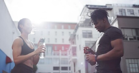 Man, woman and workout high five in city or exercise achievement for celebration, goal or wellness. Female person, partnership and friends or health support in street for sports, fitness or challenge