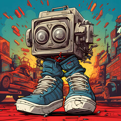 a poster with a robot wearing old school sneaker