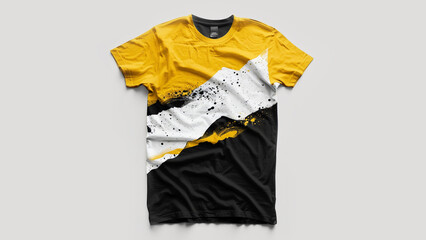 design me a yellow, white and black t-shirt on white background