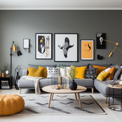 A Scandinavian living room with a bold statement wall, showcasing modern art, and a mix of textures...