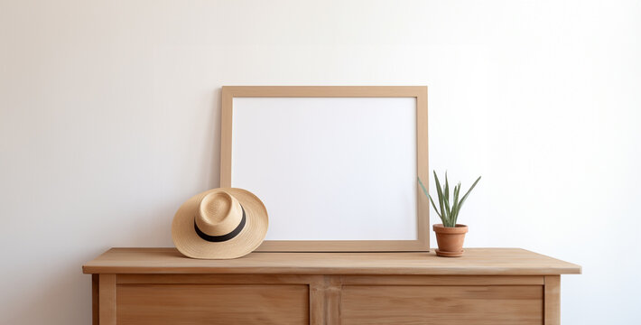 Blank picture frame on wood floor and white wall background,Blank picture frame mockup on white wall. 3D rendering,Blank picture frame with vase on wooden floor. 3D rendering