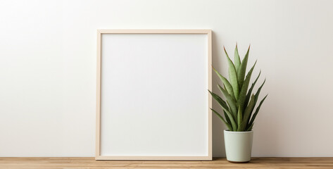 Mock up poster frame with cactus and succulent plant on wooden table.White frame mockup on wooden shelf and green wall. 3d illustration