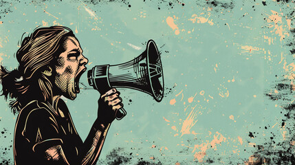 Vintage protest art with woman shouting into megaphone, textured background, ideal for posters, activism, and advertising