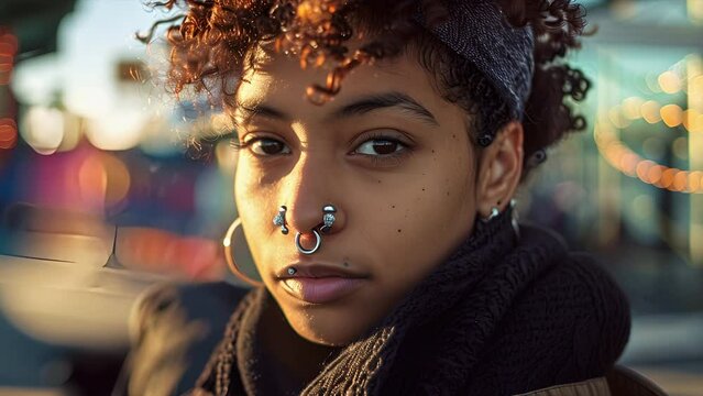 Close up of an African American woman's face who has a lot of nose piercings on a sunny day in San Francisco