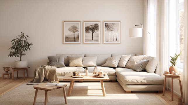 A Scandinavian living room with a neutral color palette, accented by natural greenery and subtle pops of color in the form of cushions, artwork, or decorative objects.