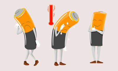 Hand drawn battery illustration cartoon status, weak status, over heat and full charged