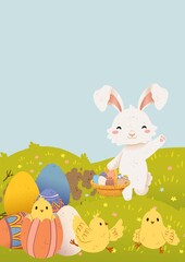 Easter cartoon white spring bunny illustration with background. Cute easter character. Transparent background. Postcard template