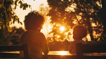 As the sun sets, a parent and child sit together at the table .love that lasts a lifetime