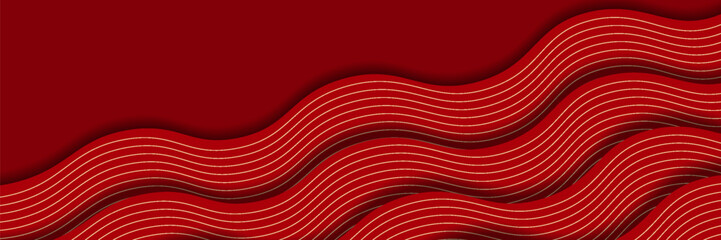 Abstract fluid wavy shape on red background with gold line decoration. Luxurious layered curve pattern design. for cover brochure template, poster, web banner, card. vector