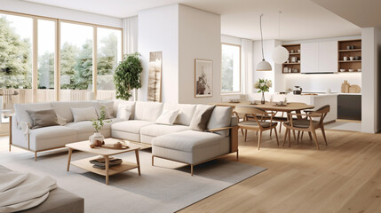 A Scandinavian living room with an open floor plan, seamlessly connecting the living area with the dining space and kitchen, promoting a sense of togetherness.
