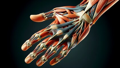 human hand anatomy, muscle system 3d visualization medical and study - obrazy, fototapety, plakaty