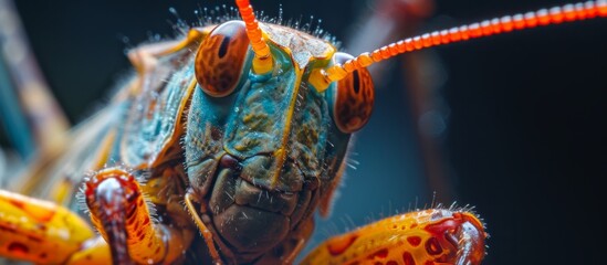 A closeup of a grasshoppers face, showcasing its intricate mouthparts and eyes against a black background - obrazy, fototapety, plakaty