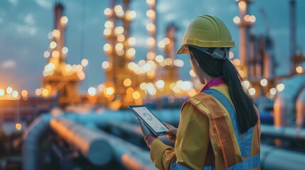 Woman construction site engineer architect worker with hard hat using tablet for checking valve gas pipeline.