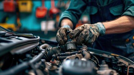 Candid photo of a car mechanic repairing and fixing engine cylinder of a car in the garage. copy space for text. - obrazy, fototapety, plakaty