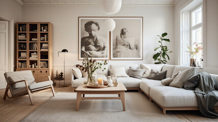 A Scandinavian living room with a mix of vintage and contemporary furniture, blending old-world charm with modern sensibilities, resulting in a unique and eclectic design.