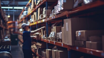 photo of sorter workers working at post delivery service warehouse shelves filled with cardboard boxes and packages packets. copy space for text. - obrazy, fototapety, plakaty