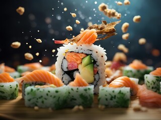 Delicious Japanese sushi roll and nigiri on tray, cinematic food photography 
