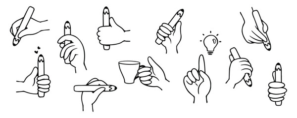 Vector illustration. Set of hand gestures expressions with, hands holding pencil, outline strokes, isolated elements.