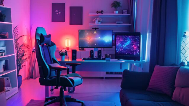 Modern computer desk and comfortable gamer chair in neon light. 