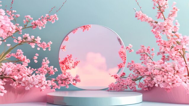 3D podium for cosmetic products surrounded spring flower background.