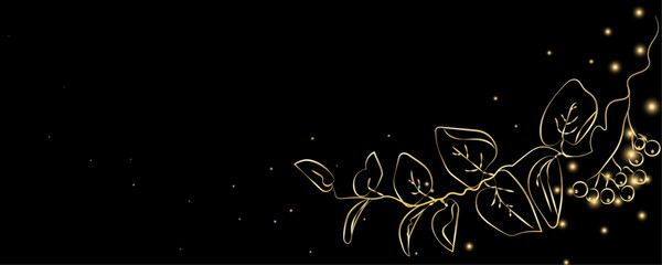 Golden Line art botany banner. Japanese style Hand drawn vector. Line art style design. Concept traditional Asian Card with space for text wedding, invitation, template card Golden frames.