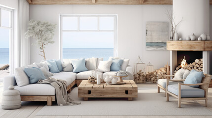 A Scandinavian living room with a touch of coastal charm, showcasing nautical-inspired decor, light blue accents, and natural elements like driftwood and seashells.